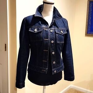 GUESS Denim Jacket 100% Cotton Classic Dark Blue Yellow Stitching Like NEW M